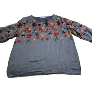 Ana & Rose Womans Blouse Top Blue Floral XL Polyester Embroidered Long Sleeve